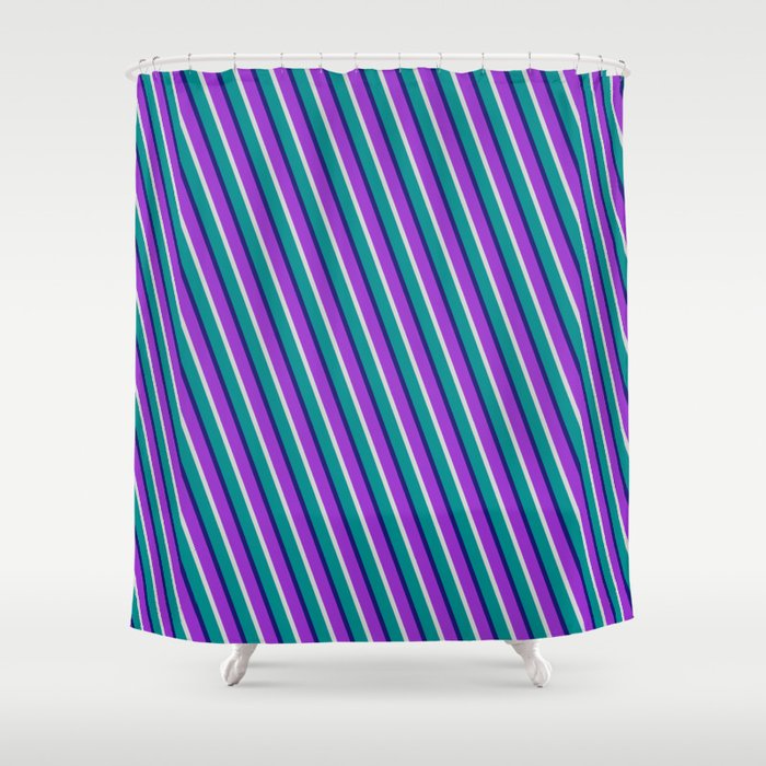 Midnight Blue, Dark Orchid, Light Gray & Dark Cyan Colored Stripes/Lines Pattern Shower Curtain