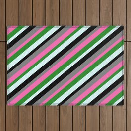 [ Thumbnail: Vibrant Grey, Hot Pink, Forest Green, Light Cyan, and Black Colored Stripes Pattern Outdoor Rug ]
