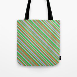 [ Thumbnail: Lime Green, Red, and Light Sky Blue Colored Striped Pattern Tote Bag ]