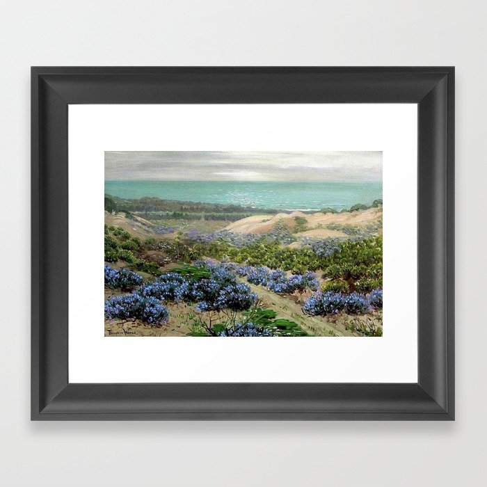 Bluebonnet flowers & San Francisco Sand Dunes nautical seaside landscape painting by Theodore Wores Framed Art Print