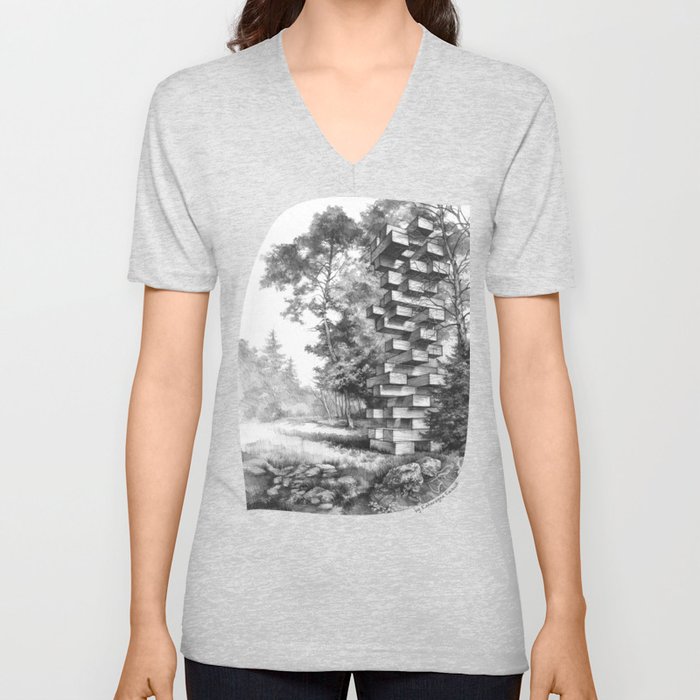 Jenga Tower Surrounded by Trees V Neck T Shirt