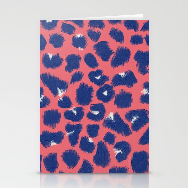 Leopard Spots, Cheetah Print, Navy, Coral Color, Brush Strokes Stationery Cards