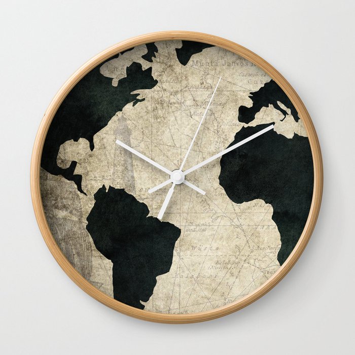 Antique World Map Black On Vintage Nautical Wall Clock By Mapmaker