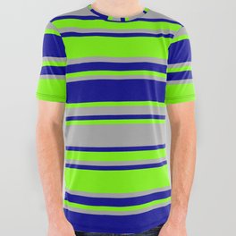 [ Thumbnail: Green, Dark Grey & Dark Blue Colored Lines/Stripes Pattern All Over Graphic Tee ]