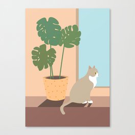 Cat and monstera plant Canvas Print