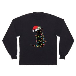 Santa Black Cat Tangled Up In Lights Christmas Santa Graphic Long Sleeve T-shirt