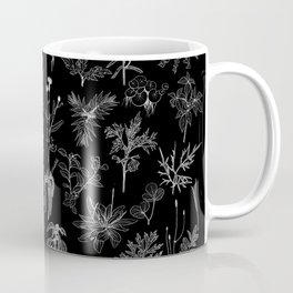 Illustration of wild plants, herbs and flowers, monochrome botanical illustration ink drawn in white line. Coffee Mug