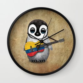 Baby Penguin Playing Colombian Flag Acoustic Guitar Wall Clock