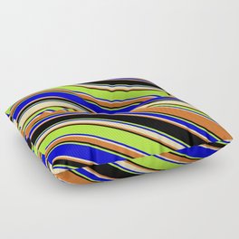 [ Thumbnail: Colorful Light Green, Blue, Tan, Chocolate & Black Colored Lines/Stripes Pattern Floor Pillow ]