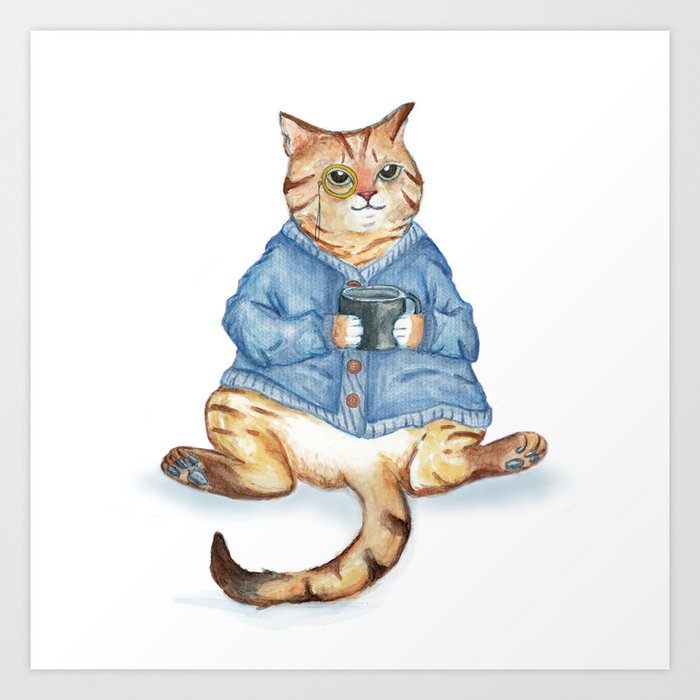 Tea time with monocle cat Art Print by Inky Cat Studio | Society6