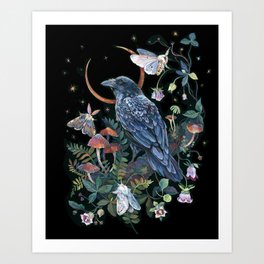Moon Raven  Art Print | Moth, Mushrooms, Night, Magical, Garden, Witch, Flower, Raven, Animal, Mystical 