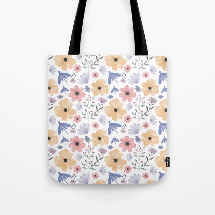 Pink and Orange Floral Pattern with Dragonflies Tote Bag