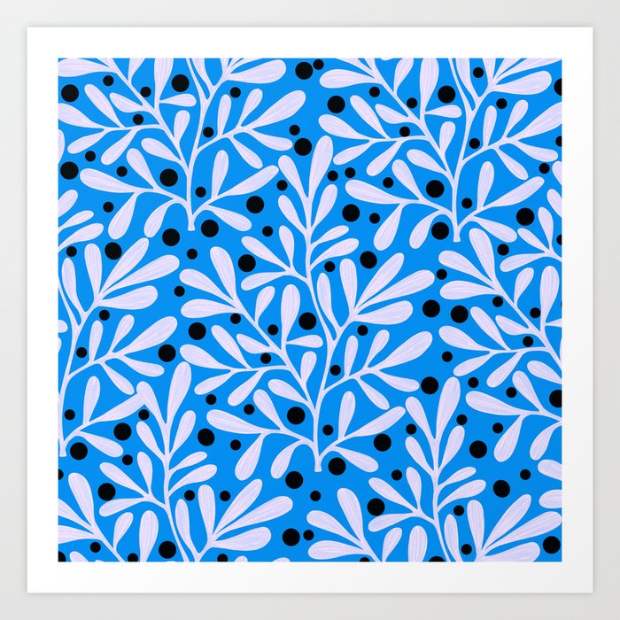 Blue leaves and mediterranean sea Art Print