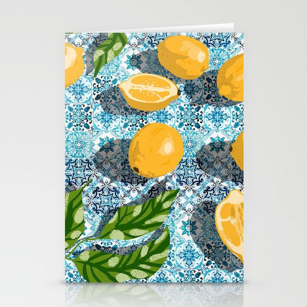 Juicy Lemons on Blue Moroccan Tiles Stationery Cards