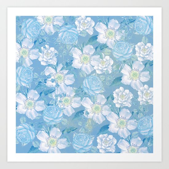 Blue Vintage Rose Pattern Art Print