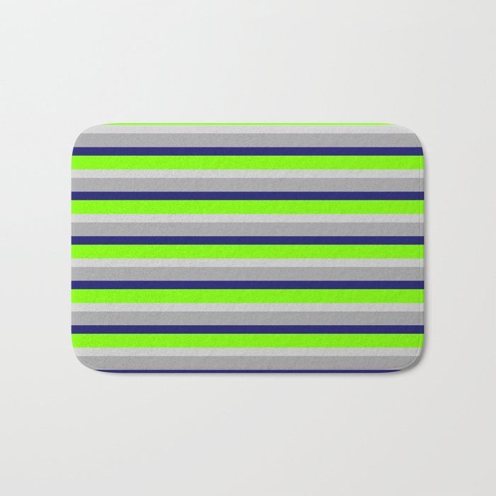 Dark Grey, Midnight Blue, Chartreuse, and Light Grey Colored Lined/Striped Pattern Bath Mat