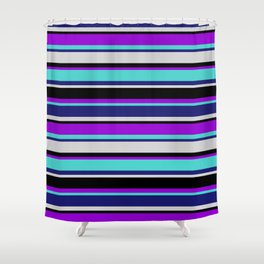 [ Thumbnail: Colorful Dark Violet, Turquoise, Midnight Blue, Light Gray & Black Colored Striped/Lined Pattern Shower Curtain ]