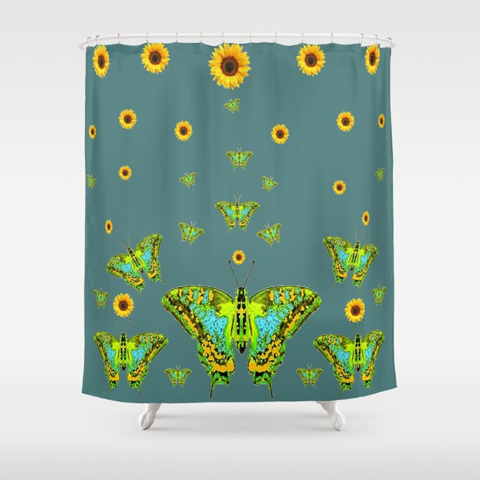BLUE-GREEN-YELLOW PATTERNED MOTHS YELLOW SUNFLOWERS Shower Curtain