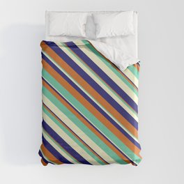 [ Thumbnail: Midnight Blue, Chocolate, Aquamarine & Light Yellow Colored Pattern of Stripes Duvet Cover ]