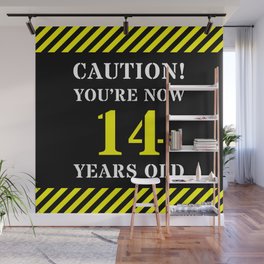 [ Thumbnail: 14th Birthday - Warning Stripes and Stencil Style Text Wall Mural ]