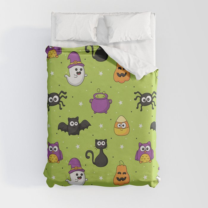 Halloween Seamless Pattern with Funny Spooky on Green Background Duvet Cover