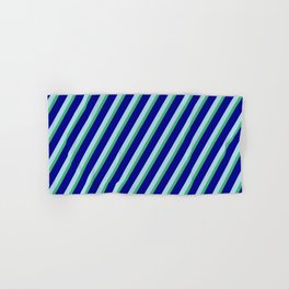 [ Thumbnail: Sea Green, Dark Blue, and Light Blue Colored Striped Pattern Hand & Bath Towel ]