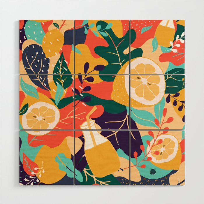 Colorful Tropical Citrus and Leaves Pattern  Wood Wall Art