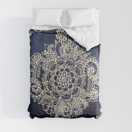 Cream Floral Moroccan Pattern on Deep Indigo Ink Comforter