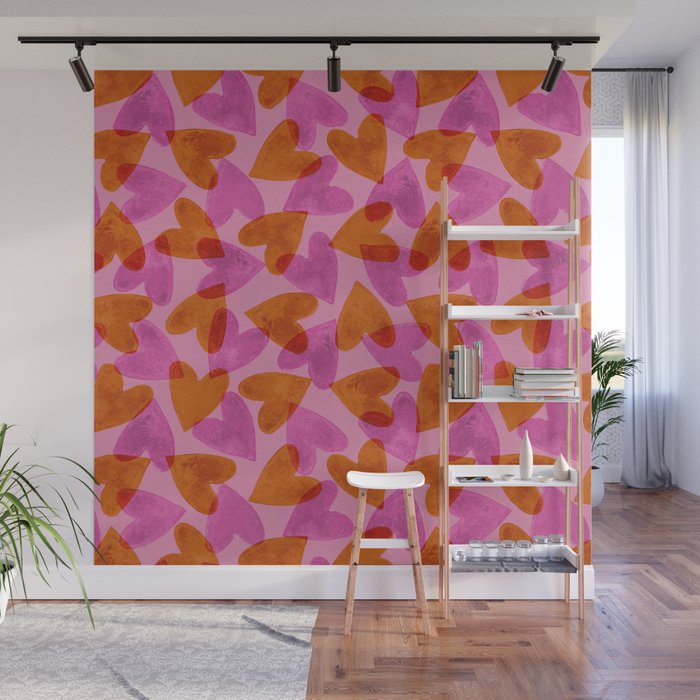 Linocut Hearts / Pink & Orange Wall Mural