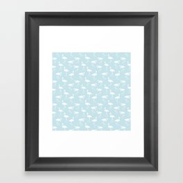 White flamingo silhouettes seamless pattern on baby blue background Framed Art Print
