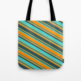 [ Thumbnail: Turquoise, Dark Orange & Dark Slate Gray Colored Pattern of Stripes Tote Bag ]