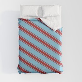 [ Thumbnail: Sky Blue & Red Colored Stripes Pattern Duvet Cover ]