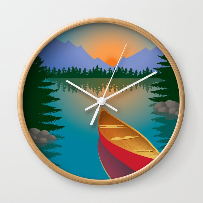 Canoe in a Mountain Lake Pine Tree Forest Wall Clock