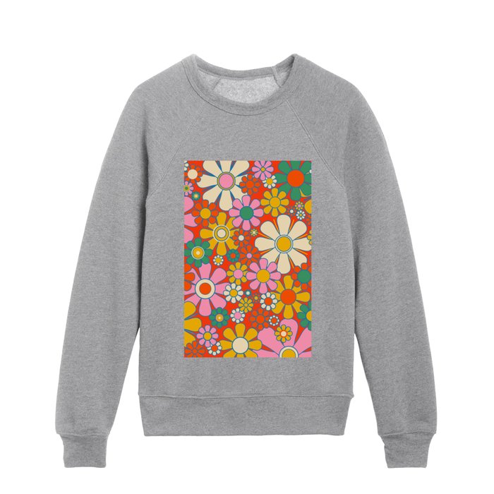 Retro Garden Flowers Groovy Colorful 60s 70s Floral Pattern Red Orange Pink Yellow Green Blue Kids Crewneck