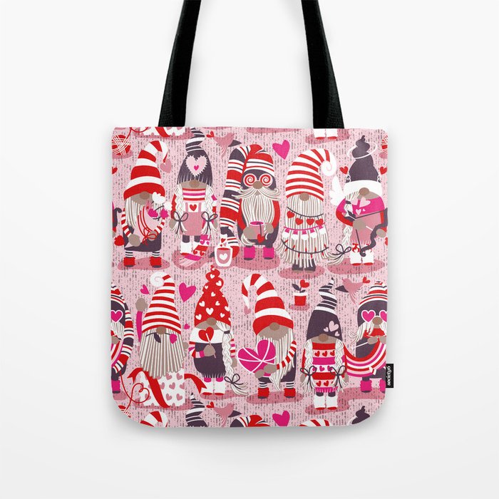 I gnome you more // pastel pink background red and pink Valentine's Day gnomes and motifs Tote Bag
