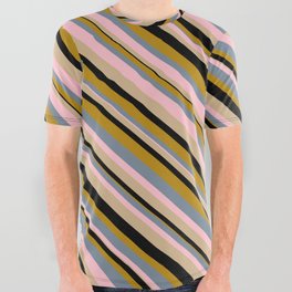 [ Thumbnail: Vibrant Light Slate Gray, Pink, Tan, Black, and Dark Goldenrod Colored Lined Pattern All Over Graphic Tee ]