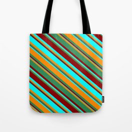 [ Thumbnail: Dark Orange, Sea Green, Dark Red, and Aqua Colored Stripes/Lines Pattern Tote Bag ]