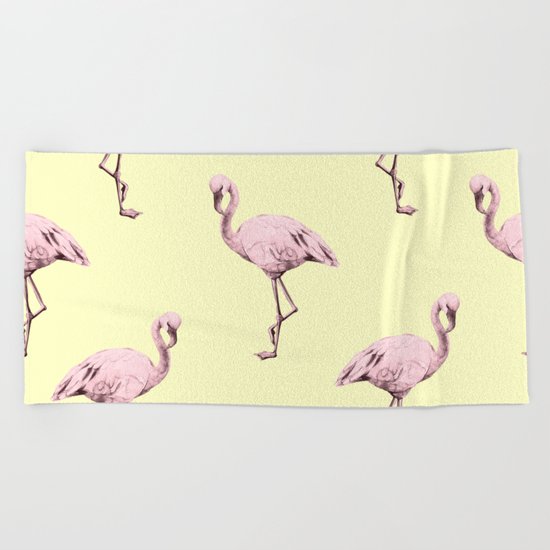 Flamingos in Flamingo Pink on Pale Yellow Beach Towel