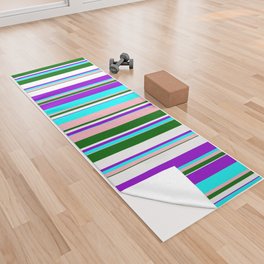 [ Thumbnail: Eye-catching Dark Violet, Cyan, Light Pink, Dark Green, and White Colored Lined Pattern Yoga Towel ]
