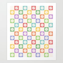 Retro Colorful Wavy Checkerboard Flower Pattern Art Print