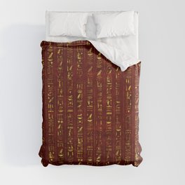 Golden Egyptian  hieroglyphics on red leather Duvet Cover
