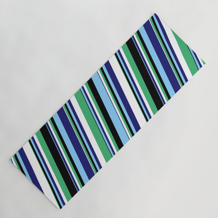 Eyecatching White, Sea Green, Black, Light Sky Blue, and Midnight Blue Colored Stripes Pattern Yoga Mat