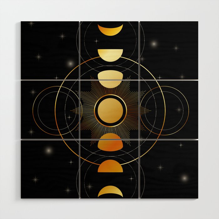 Celestial Moon phases stars and galaxy in gold Wood Wall Art