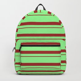 [ Thumbnail: Green & Brown Colored Striped Pattern Backpack ]