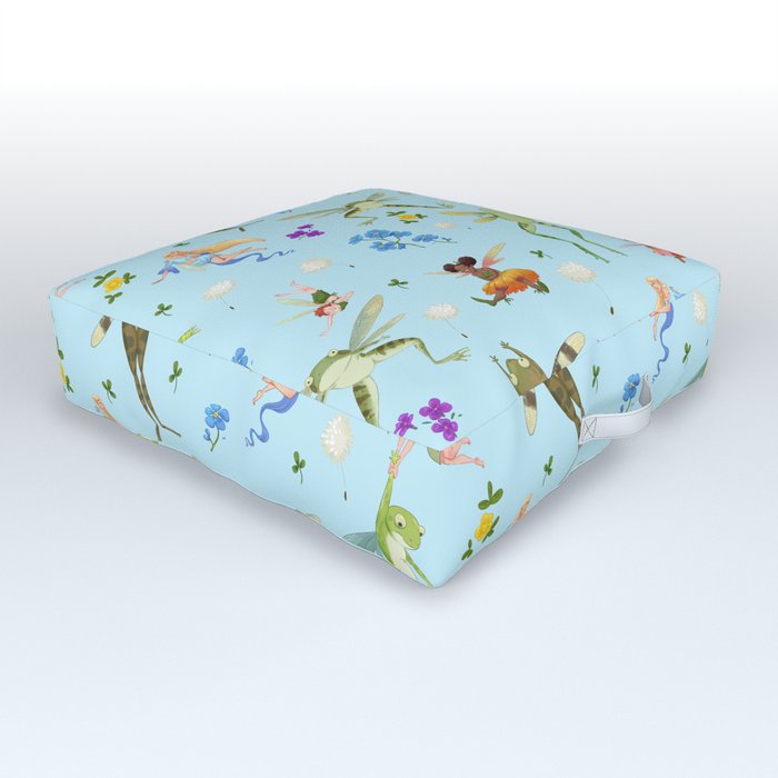 Faeries and flying frogs | light blue Outdoor Floor Cushion