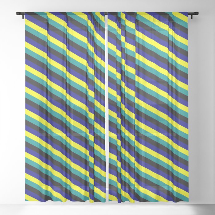 Yellow, Dark Cyan, Black, and Blue Colored Pattern of Stripes Sheer Curtain