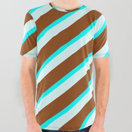 [ Thumbnail: Brown, Aqua & Light Cyan Colored Lined Pattern All Over Graphic Tee ]