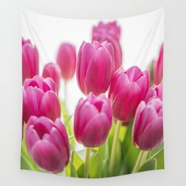 Summer cheerful bright pink tulips art print - spring flowers green leaves - nature photography Wall Tapestry