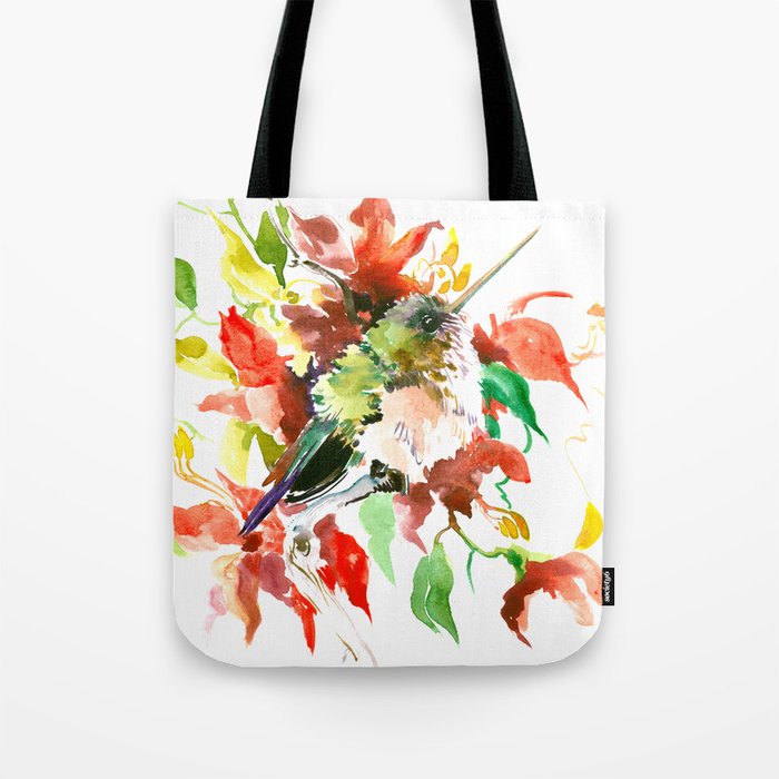 Hummingbird and Red Flowers, bird floral decor Tote Bag