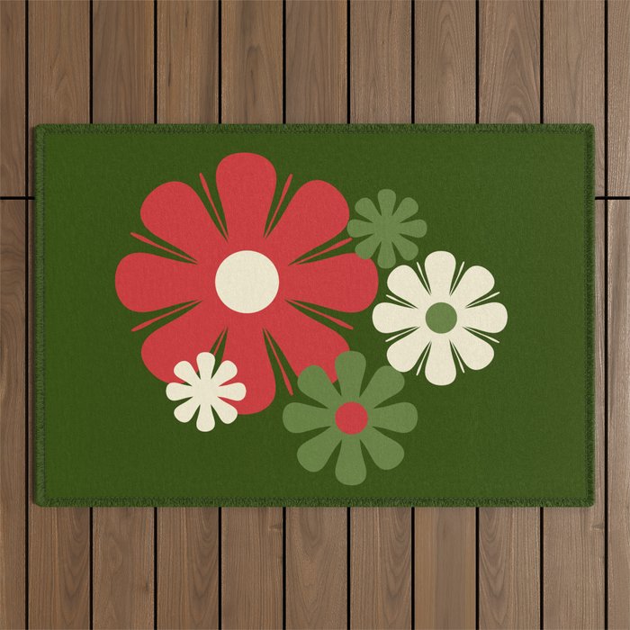 Flower Locus Retro Christmas 60s 70s Floral Pattern Xmas Green Red Cream Outdoor Rug